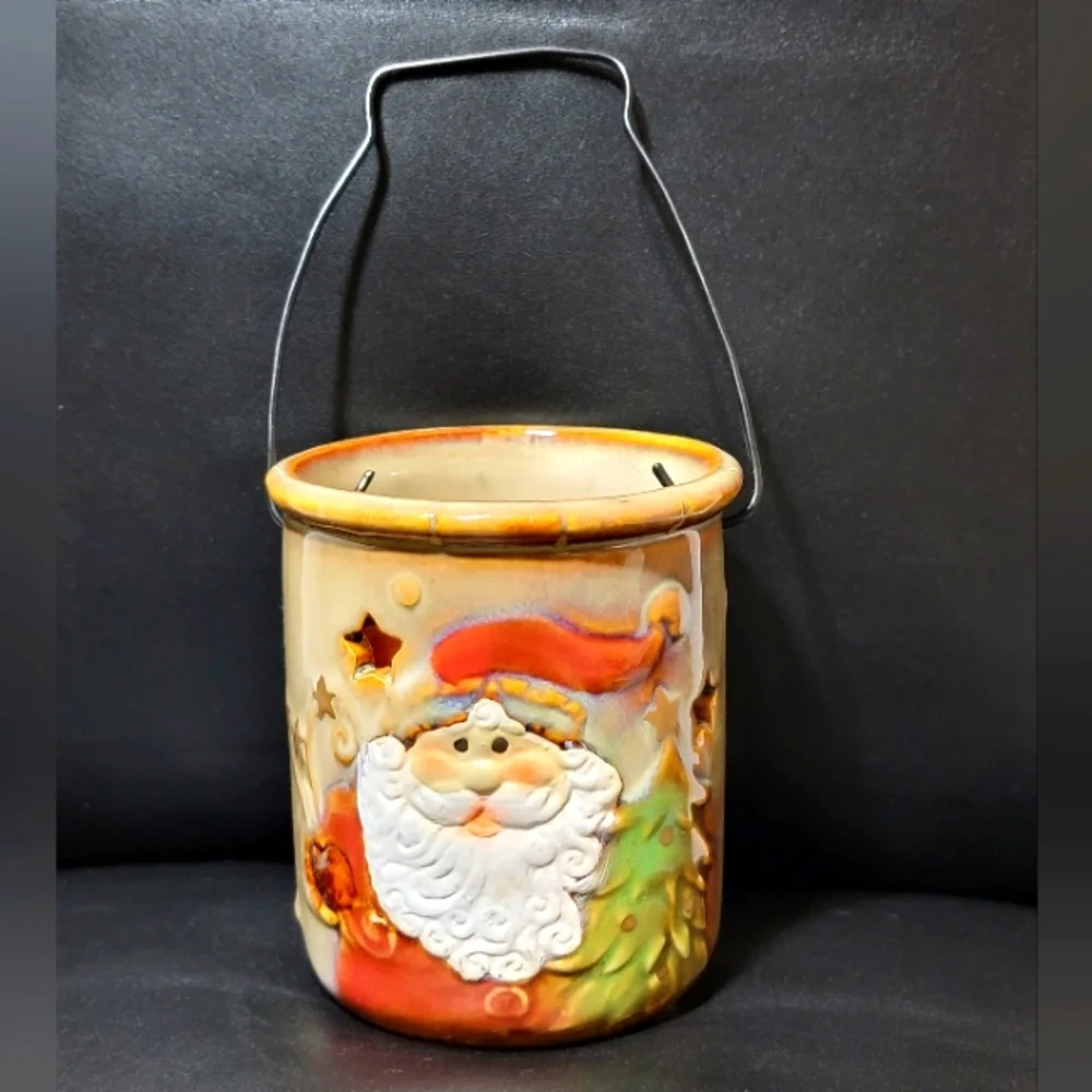 Vintage Ceramic Santa Claus Christmas Textured Lantern Tea Light Candle Holder